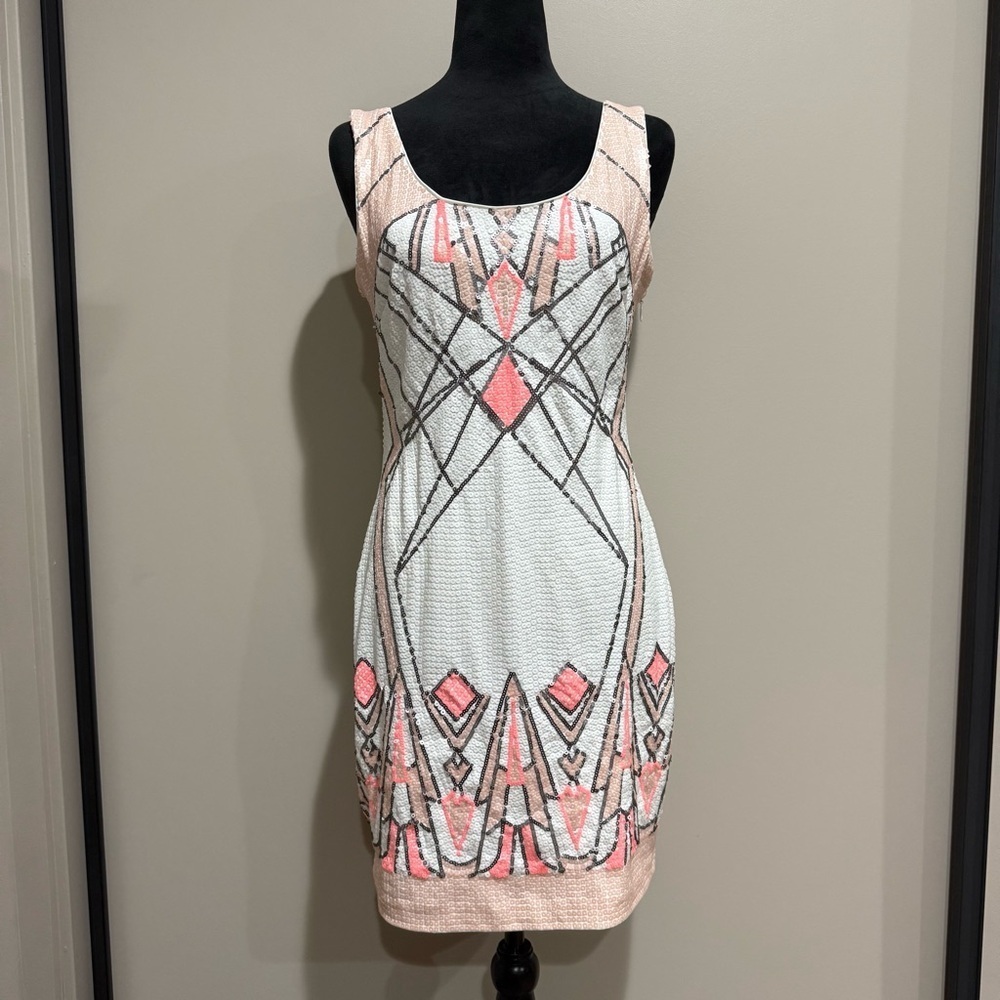 Vintage bebe Pink and White Geometric Mini Dress